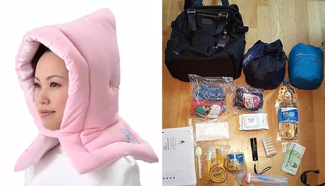A soft shock-absorber hat (Left) and a survival backpack kit for emergency-preparedness (WeMakePrice/Yonhap)