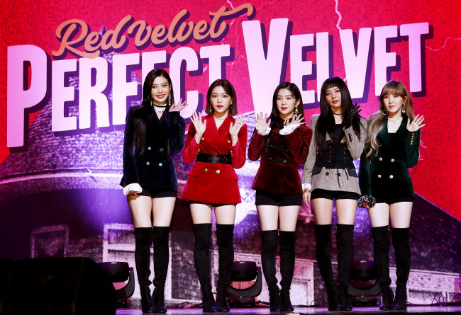 Red Velvet performs during a media showcase for its new full-length album “Perfect Velvet” in Seoul on Thursday. (Yonhap)