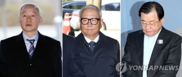 This composite photo filed on Nov. 16, 2017, shows three former spy chiefs embroiled in bribery allegations -- from L to R, Nam Jae-joon, Lee Byong-ho, and Lee Byung-kee. (Yonhap)