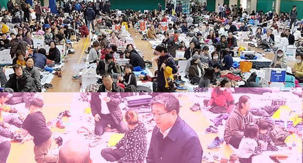 Officials from the city government of Suwon, just south of Seoul, visit an emergency shelter in Pohang on Nov. 16, 2017, to deliver relief items to victims of the earthquake that struck Korea the day before. This photo was provided by the Suwon city government. (Yonhap)