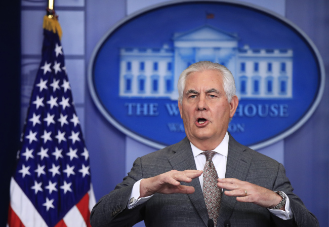 US Secretary of State Rex Tillerson announces the designation of North Korea as a state sponsor of terror on Monday. (AP-Yonhap)