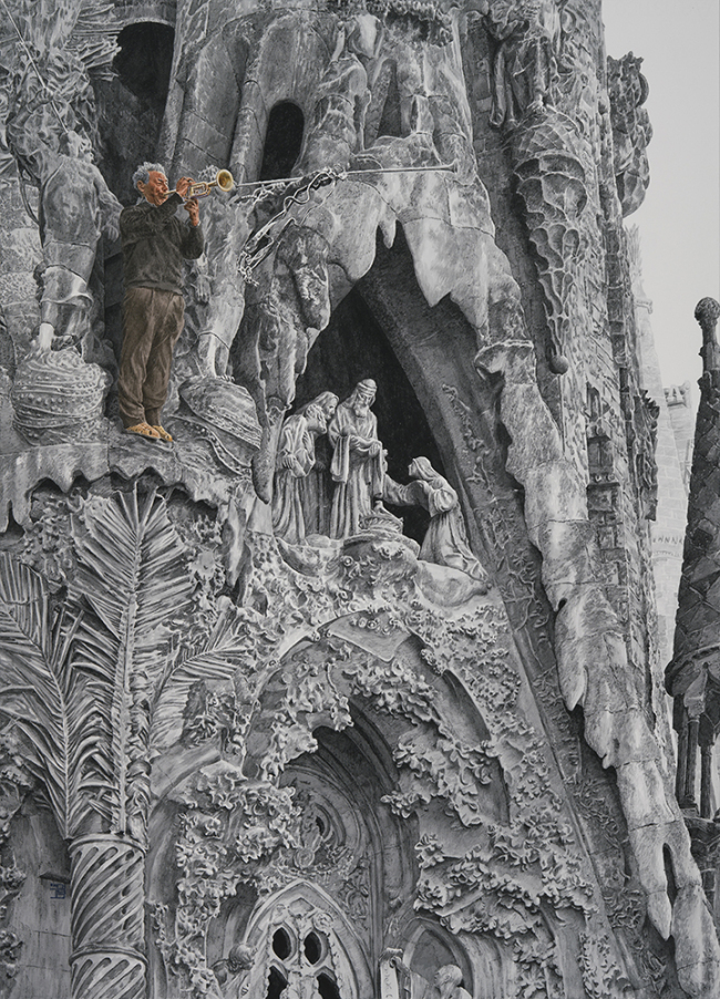 최영걸 CHOI Yeong-Geol, 바르셀로나의 찬송 Glorification at Barcelona, 74.5×54cm, 아티스티코지에 수묵담채 Chinese Ink and Watercolor on Artistico Paper, 2017.[사진제공=이화익갤러리]