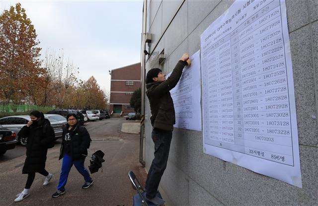 <YONHAP PHOTO-1817> 시험장 확인하세요 (서울=연합뉴스) 서명곤 기자 = 2018학년도 대학수학능력시험을 하루 앞둔 22일 오후 서울 강남구 개포동 개포고등학교에서 한 선생님이 시험실 안내문을 붙이고 있다. 2017.11.22 seephoto@yna.co.kr/2017-11-22 09:11:28/ <저작권자 ⓒ 1980-2017 ㈜연합뉴스. 무단 전재 재배포 금지.>