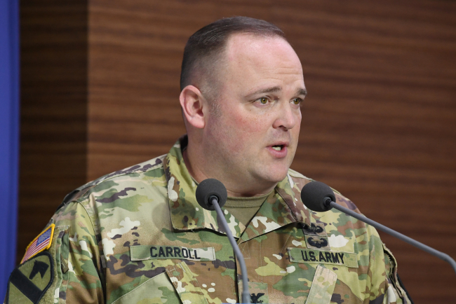 US Army Col. Chad Carroll, UNC's public affairs chief, speaks at a briefing, Nov. 22. (Yonhap)