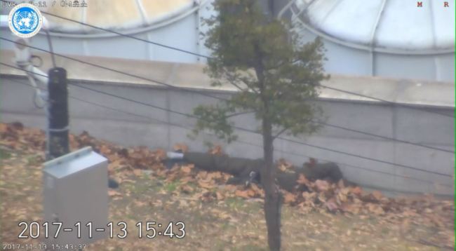 지난 13일 판문점 공동경비구역(JSA)내에서 귀순하던 중 총상을 입은 북한군이 남측 건물 벽면에 누워있다. [사진=유엔사 CCTV 영상캡처]