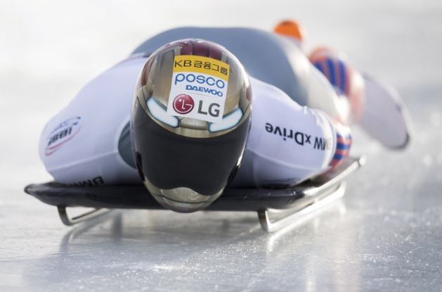 Yun Sungbin, of South Korea, competes in a world cup men’s skeleton race in Whistler, British Columbia, Saturday Dec. 3, 2016. (AP)