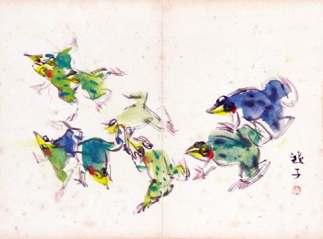 천경자 ‘개구리’ 종이에 석채, 36×47.5cm [제공=헤럴드아트데이]