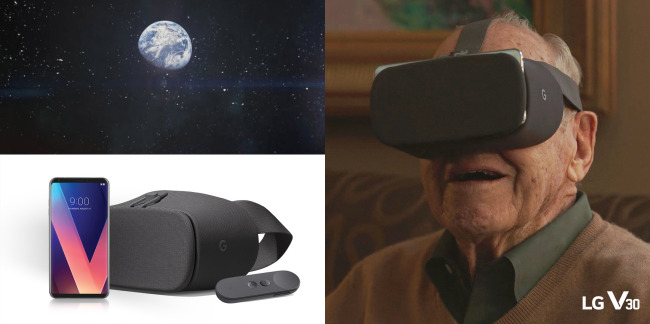 짐 러벨이 LG ‘V30’와 구글 ‘데이드림 뷰’를 통해 가상현실(VR)로 달 착륙을 체험하고 있다. [제공=LG전자]