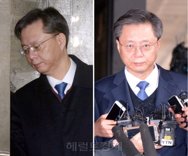 왼쪽은 지난 2월21일 우병우 전 청와대 민정수석이 구속 전 피의자 심문에 출석하기 전 서울 대치동 박영수 특별검사팀 사무실에 나온 모습. 오른쪽은 지난 4월6일 서울중앙지검에 피의자로 세 번째 소환될 당시 모습. [사진=정희조 기자/checho@heraldcorp.com]