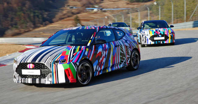 The camouflaged second-generation Veloster hatchback is seen at a media preview event at a race track in Gangwon Province earlier this week. Hyundai Motor.