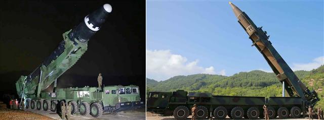 북한이 지난 29일 발사한 신형 대륙간탄도미사일(ICBM)급 ‘화성-15형’(왼쪽)과 7월 발사한 ICBM급 ‘화성-14형’(오른쪽). 북한 매체에 공개된 사진을 보면 ‘화성-15형’은 바퀴 축이 9개인 이동식 발사차량(TEL)에 실린 반면 ‘화성-14형’은 TEL이 8축 차량이며, ‘화성-15형’의 끝 부분이 더 둥글다.  [제공=노동신문ㆍ연합뉴스]