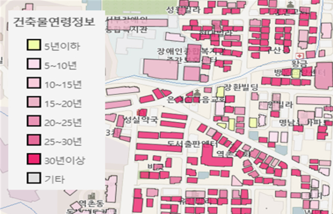건축물 연령지도(노후건축물) 사용예시. [자료제공=국토부]