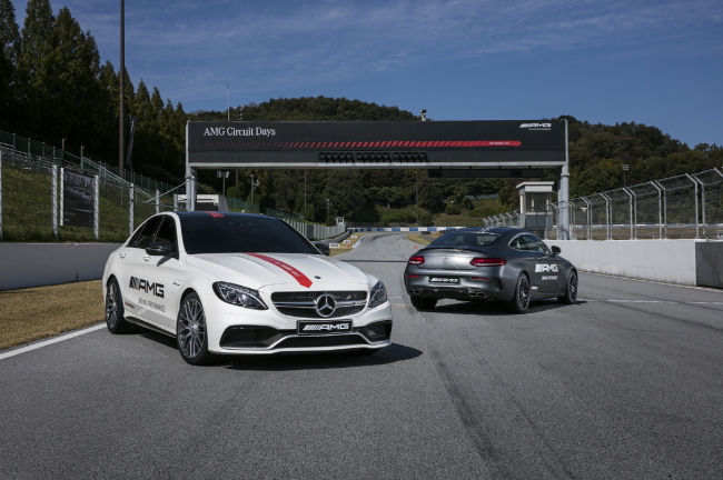 AMG sedans sit on the Everland Speedway in Yongin, Gyeonggi Province.