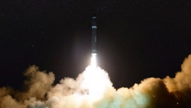 This photo, released by North Korea's media on Nov. 30, 2017, shows the North's firing of a new intercontinental ballistic missile a day earlier. (For Use Only in the Republic of Korea. No Redistribution) (Yonhap)