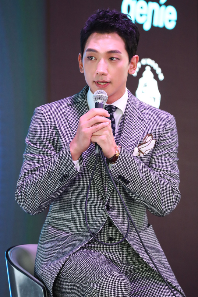 Rain speaks during a press conference held Friday in Yongsan-gu, Seoul. (Yonhap)