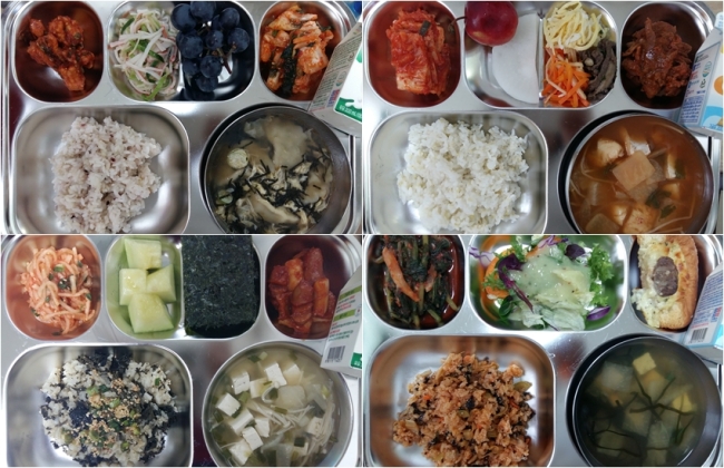 숭례초의 주요 급식 메뉴. 왼쪽 위부터 시계방향 ▷혼합잡곡밥,장어양념구이,삼색냉채 ▷기장밥,오리고추장볶음,오절판+무쌈 ▷김치볶음밥, 양상추샐러드, 치즈바게트 ▷곤드레밥, 팽이버섯된장국, 떡어묵양념조림 [사진=숭례초 제공]