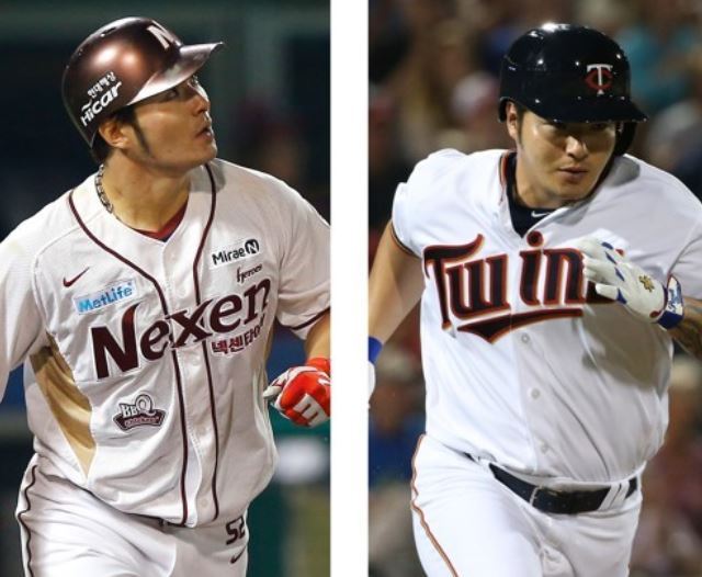South Korean slugger Park Byung-ho has returned to the Nexen Heroes of the Korea Baseball Organization after a short and disappointing stint with the Minnesota Twins. These file photos show Park in a Nexen uniform (L) and a Twins uniform. (Yonhap)