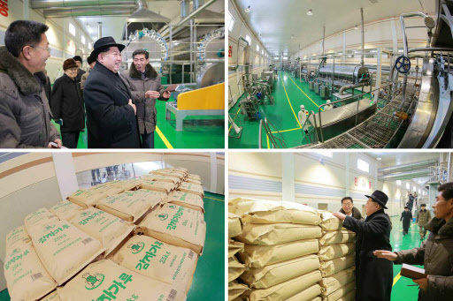 In this photo provided on Wednesday by the North’s Korean Central News Agency, its leader Kim Jong-un inspects a potato farina factory located in Samjiyon, Ryanggang Province. (Yonhap)