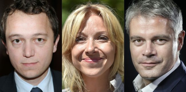 This combination of file pictures created on Oct. 26 shows the three official candidates for the presidency of France’s right-wing Les Republicains party in alphabetical order from left:  Mael de Calan, Florence Portelli and Laurent Wauquiez. (AFP-Yonhap)