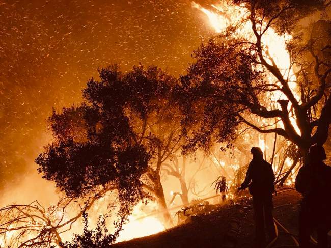 <YONHAP PHOTO-0908> In this Sunday, Dec. 10, 2017 photo released by Santa Barbara County Fire Department firefighters knock down flames as they advance on homes atop Shepherd Mesa Road in Carpinteria, Calif. A flare-up on the western edge of Southern California's largest and most destructive wildfire sent residents fleeing Sunday, as wind-fanned flames churned through canyons and down hillsides toward coastal towns. Crews with help from water-dropping aircraft saved several homes as unpredictable gusts sent the blaze churning deeper into foothill areas northwest of Los Angeles that haven't burned in decades. New evacuations were ordered in Carpinteria, a seaside city in Santa Barbara County that has been under fire threat for days. (Mike Eliason/Santa Barbara County Fire Department via AP)/2017-12-11 04:54:52/ <저작권자 ⓒ 1980-2017 ㈜연합뉴스. 무단 전재 재배포 금지.>
<YONHAP PHOTO-0908> In this Sunday, Dec. 10, 2017 photo released by Santa Barbara County Fire Department firefighters knock down flames as they advance on homes atop Shepherd Mesa Road in Carpinteria, Calif. A flare-up on the western edge of Southern California's largest and most destructive wildfire sent residents fleeing Sunday, as wind-fanned flames churned through canyons and down hillsides toward coastal towns. Crews with help from water-dropping aircraft saved several homes as unpredictable gusts sent the blaze churning deeper into foothill areas northwest of Los Angeles that haven't burned in decades. New evacuations were ordered in Carpinteria, a seaside city in Santa Barbara County that has been under fire threat for days. (Mike Eliason/Santa Barbara County Fire Department via AP)/2017-12-11 04:54:52/ <저작권자 ⓒ 1980-2017 ㈜연합뉴스. 무단 전재 재배포 금지.>