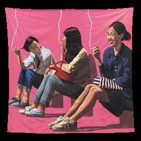 이우성, 이 나무를 쓰러뜨리면-빠지지지직 직 쾅쾅, 2017, 천 위에 아크릴릭 과슈, 수성 페인트, 젯소, 210×210cm  [제공=학고재갤러리]
