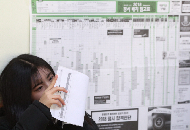 수능 성적표가 배부된 12일 서울 여의도 여의도여고에서 수험생들이 수능 성적표를 확인하고 있다./정희조 기자/checho@heraldcorp.com  171212