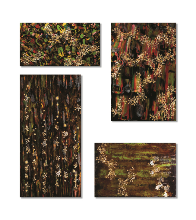 프라나 Prana, 2017, 목판에 자개, 실버 925, 24k 금박, 천연 옻칠, 32x59cm, 72x48cm, 90x45cm, 60x40cm.[사진제공=학고재갤러리]