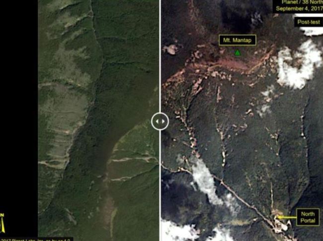 Satellite images show the Punggye-ri nuclear test site before and after North Korea's sixth nuclear test. (38 North-Yonhap)