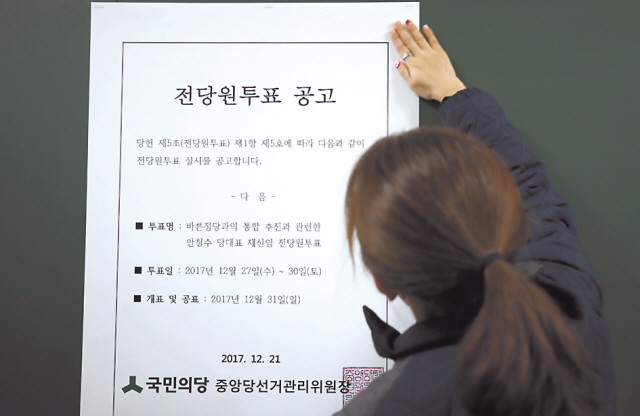 국민의당이 27일 바른정당과의 통합 찬반을 묻는 전 당원투표에 돌입했다. 높은 투표율에 찬성이 많을 경우 안철수 대표의 중도 통합 작업은 시작된다.  [연합뉴스]