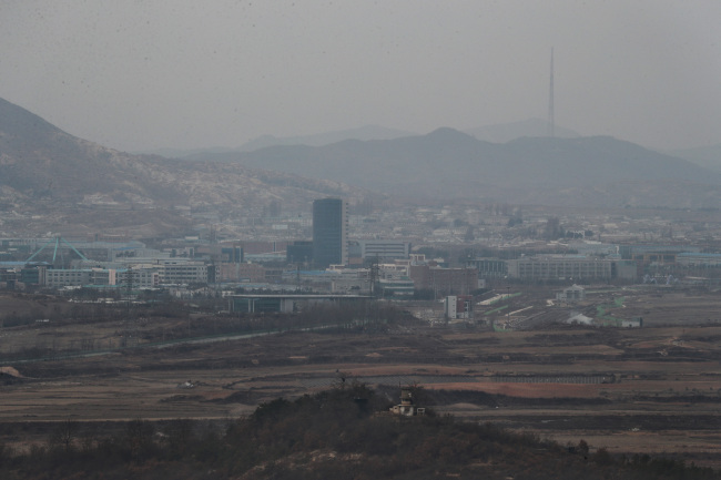 The Kaesong Industrial Complex in North Korea viewed from Paju, Gyeonggi Province on Thursday. Yonhap