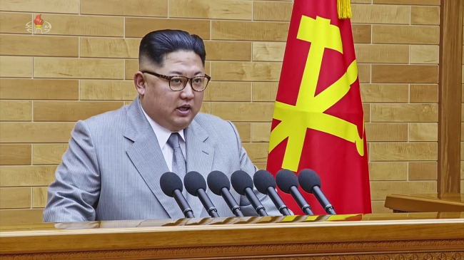 North Korean leader Kim Jong-un delivers a New Year’s address on Monday at the North’ ruling Workers Party building in Pyongyang.  Yonahp