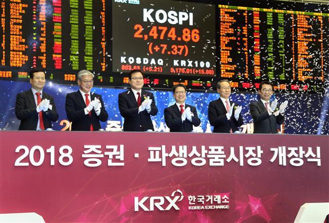 2018년도 증권 파생상품시장 개장식이 2일 오전 서울 여의도 한국거래소 종합홍보관에서 열렸다. 김재철 코스닥협회장(왼쪽부터), 황영기 금융투자협회장, 최종구 금융위원회 위원장, 정지원 한국거래소 이사장, 정구용 한국상장회사협의회 회장, 김군호 코넥스 협회장이 참석, 개장신호를 누른 뒤 박수를 치고 있다 [제공=한국거래소]
