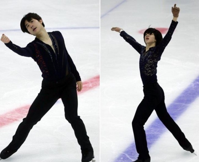 These file photos taken Dec. 3, 2017, show Lee June-hyoung (L) and Cha Jun-hwan performing their free skate programs at the second leg of the South Korean Olympic figure skating qualifiers at Mokdong Ice Rink in Seoul. (Yonhap)