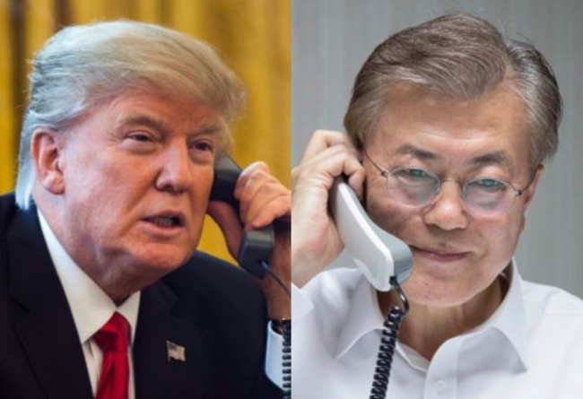 US President Donald Trump and his South Korean counterpart Moon Jae-in. (Yonhap)