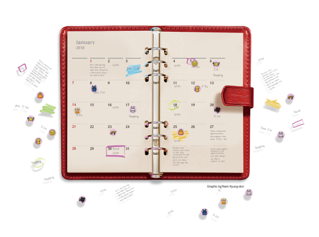 A Korean diary planner page decorated with masking tape, color pens, and stickers, photographed for The Korea Herald feature on Korea's diary culture
