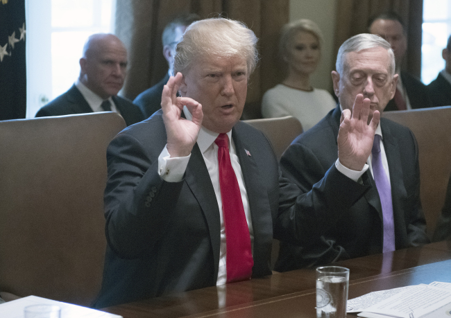 <YONHAP PHOTO-0539> United States President Donald J. Trump makes opening remarks as he holds a Cabinet meeting in the Cabinet Room of the White House in Washington, DC on Wednesday, January 10, 2018. Looking on from right is US Secretary of Defense Jim Mattis. Photo by Ron Sachs/UPI/2018-01-11 05:23:51/ <저작권자 ⓒ 1980-2018 ㈜연합뉴스. 무단 전재 재배포 금지.>
<YONHAP PHOTO-0539> United States President Donald J. Trump makes opening remarks as he holds a Cabinet meeting in the Cabinet Room of the White House in Washington, DC on Wednesday, January 10, 2018. Looking on from right is US Secretary of Defense Jim Mattis. Photo by Ron Sachs/UPI/2018-01-11 05:23:51/ <저작권자 ⓒ 1980-2018 ㈜연합뉴스. 무단 전재 재배포 금지.>