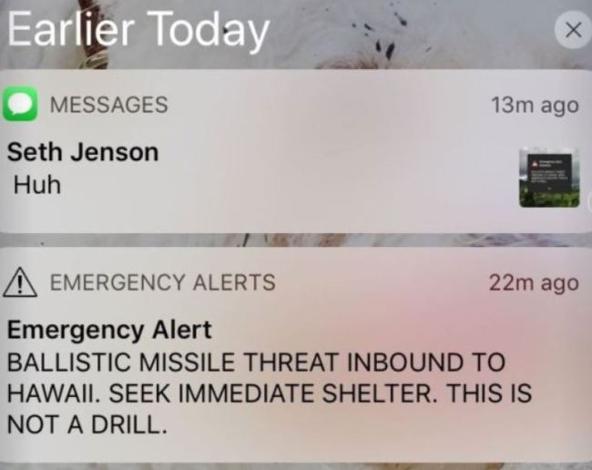 This smartphone screen capture shows a false incoming ballistic missile emergency alert sent from the Hawaii Emergency Management Agency system on Saturday, Jan. 13, 2018. (AP)