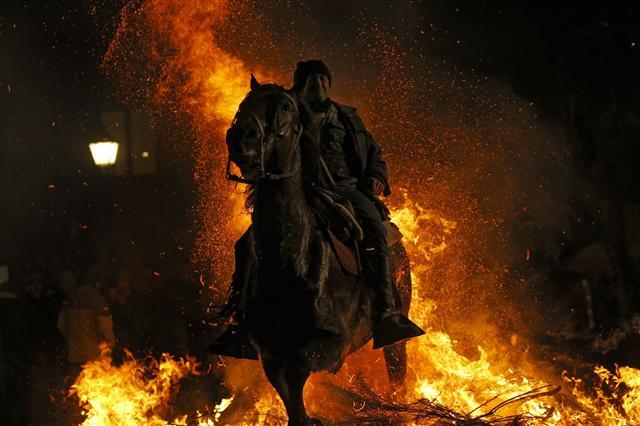 <YONHAP PHOTO-3627> A man rides a horse through a bonfire as part of a ritual in honor of Saint Anthony the Abbot in San Bartolome de Pinares, Spain, Tuesday, Jan. 16, 2018. On the eve of Saint Anthony's Day, dozens ride their horses through the narrow cobblestone streets of the small village of San Bartolome during the "Luminarias," a tradition that dates back 500 years and is meant to purify the animals with the smoke of the bonfires and protect them for the year to come. (AP Photo/Francisco Seco)/2018-01-17 08:57:21/ <저작권자 ⓒ 1980-2018 ㈜연합뉴스. 무단 전재 재배포 금지.>