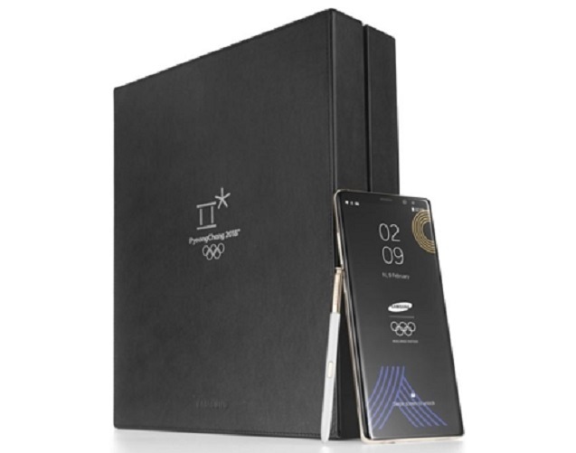 Shown in the photo released by Samsung Electronics Co. on Jan. 17, 2018, is the Olympic edition of the flagship Galaxy Note 8 smartphone. (Yonhap)