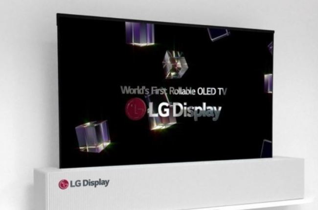 This photo shows LG Display's 65-inch rollable OLED display, which was showcased at the 2018 Consumer Electronics Show in Las Vegas from Jan. 9-12. (Yonhap)