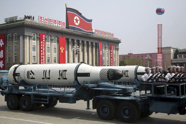 A submarine ballistic missile is paraded across Kim Il Sung Square during a military parade in Pyongyang, North Korea, on April 15, 2017. (AP)