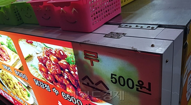 경기도 일산 한 치킨집에서 무상 제공하던 소스와 무를 최근 각각 500원씩에 판매한다고 공지하고 있다.