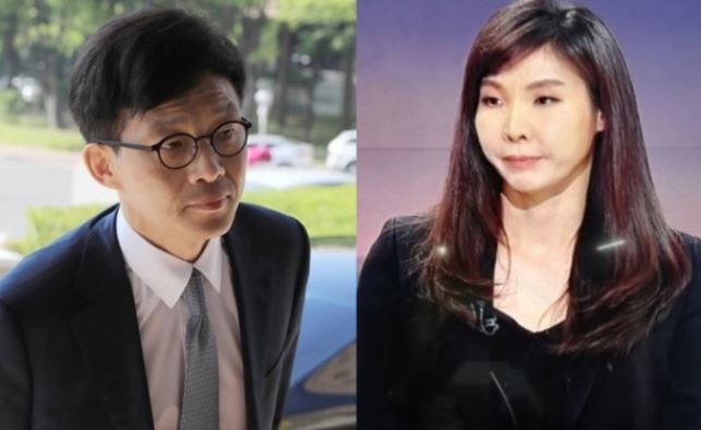 Former senior Justice Ministry official Ahn Tae-geun, left, and public prosecutor at the Tongyeong branch of the Changwon District Prosecutors’ Office Seo Ji-hyun (Yonhap)