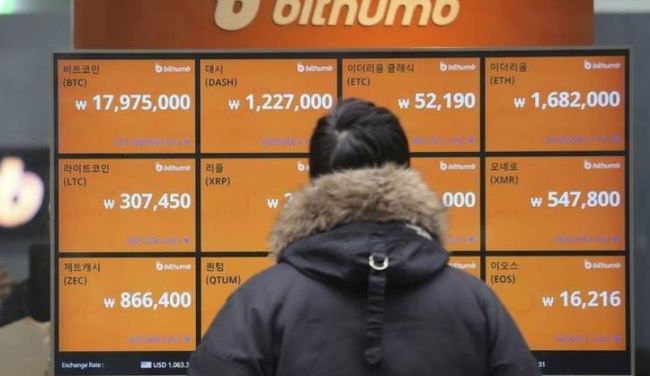 A client looks at the electronic signboard of a cryptocurrency exchange in Seoul. (AP)