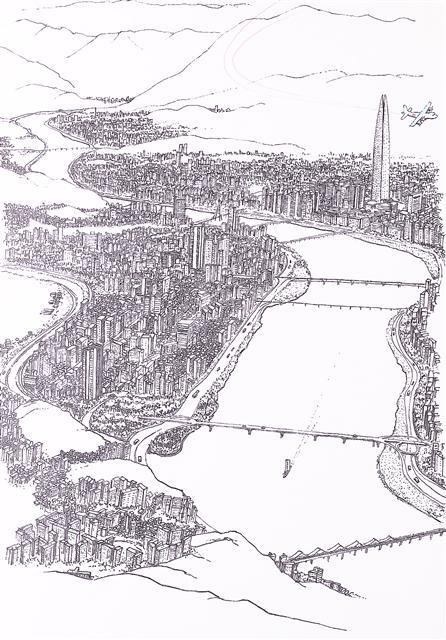 안충기, 비행산수-서울 한강 동부, 2016, 종이에 먹펜, 29 × 21cm
[사진제공=세움아트스페이스]