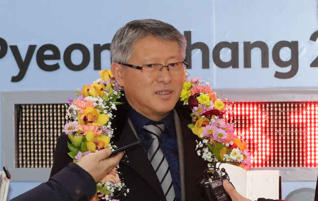 The International Taekwondo Federation President Ri Yong-son speaks to reporters at Gimpo International Airport in Seoul on Feb. 7, 2018. (Yonhap)