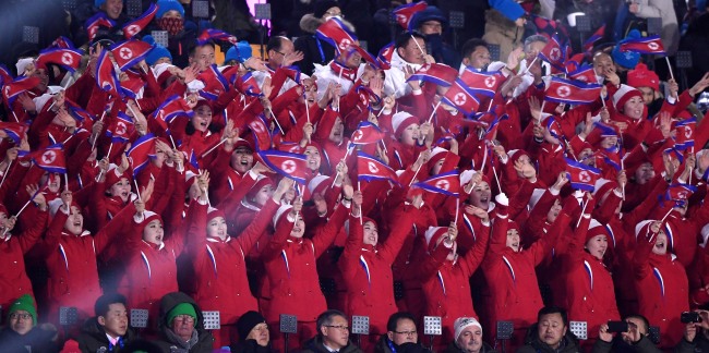 The Opening Ceremony for the 2018 Winter Olympics kicks off at the PyeongChang Olympic Plaza in PyeongChang, Gangwon Province, Friday. Pictured are North Korea`s cheerleading squad at the event. (Lee Sang-sub/The Korea Herald)