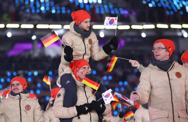 Germany's athletes enter the PyeongChang Olympic Plaza during the Opening Ceremony of the 2018 Winter Games, Friday. (Yonhap)