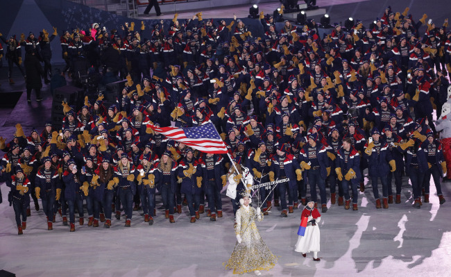 US athletes enter the PyeongChang Olympic Plaza during the Opening Ceremony of the 2018 Winter Games, Friday. (Yonhap)