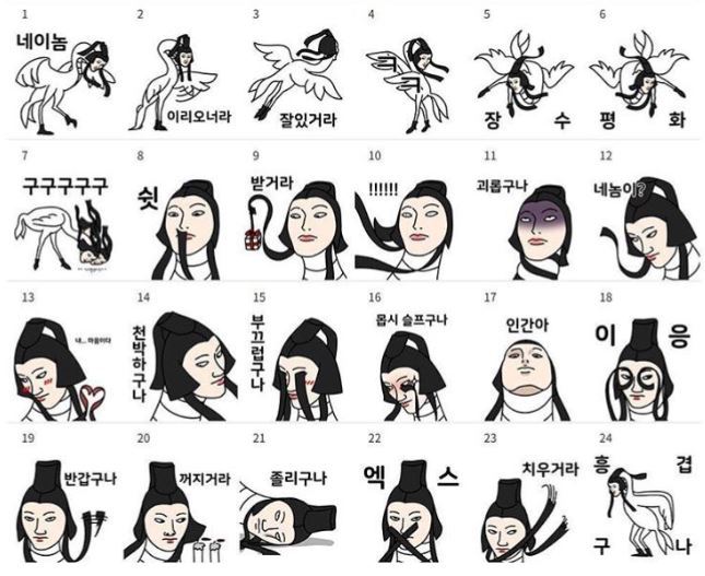 Image of emojis featuring Inmyeonjo, suggested for commercialization to Kakaotalk, a major mobile messenger service in Korea. This image was retweeted over 35,000 times as of Feb. 13. (Twitter user @Sobong_XO)